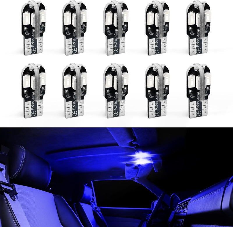 Hbxdeco 10 قطع لمبة LED T10، 12 فولت 8000 كلفن لمبة LED فائقة السطوع، لمبات بديلة 5730 8SMD لأضواء القراءة وأضواء لوحة الترخيص وأضواء السقف وأضواء الصندوق، ملحقات سيارات عالمية (زرقاء) - Image 1